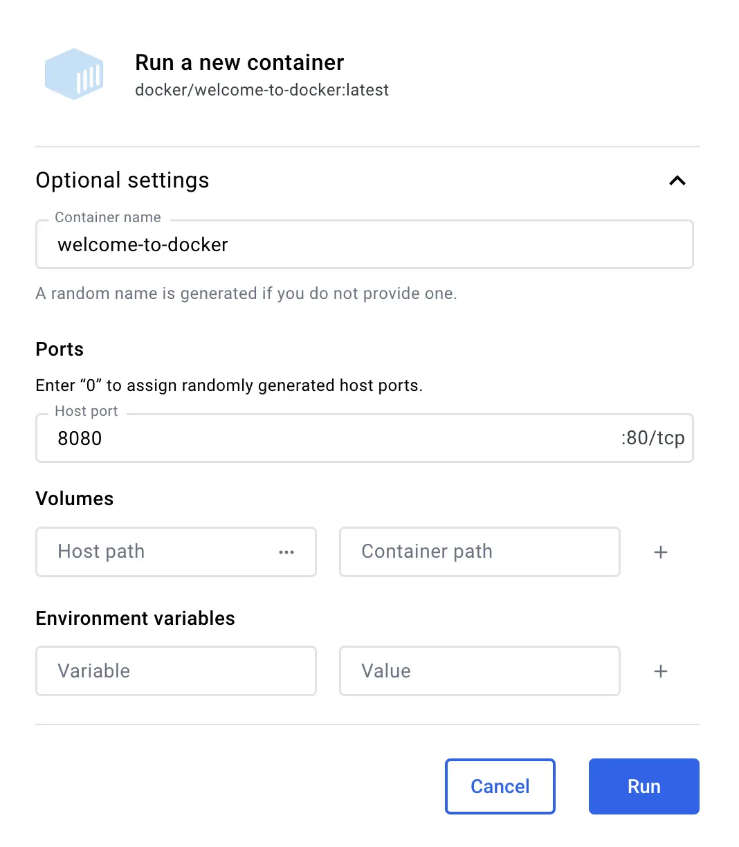 Docker仪表板的屏幕截图，显示容器运行对话框中键入的welcome-to-docker作为容器名称和指定的端口号8080