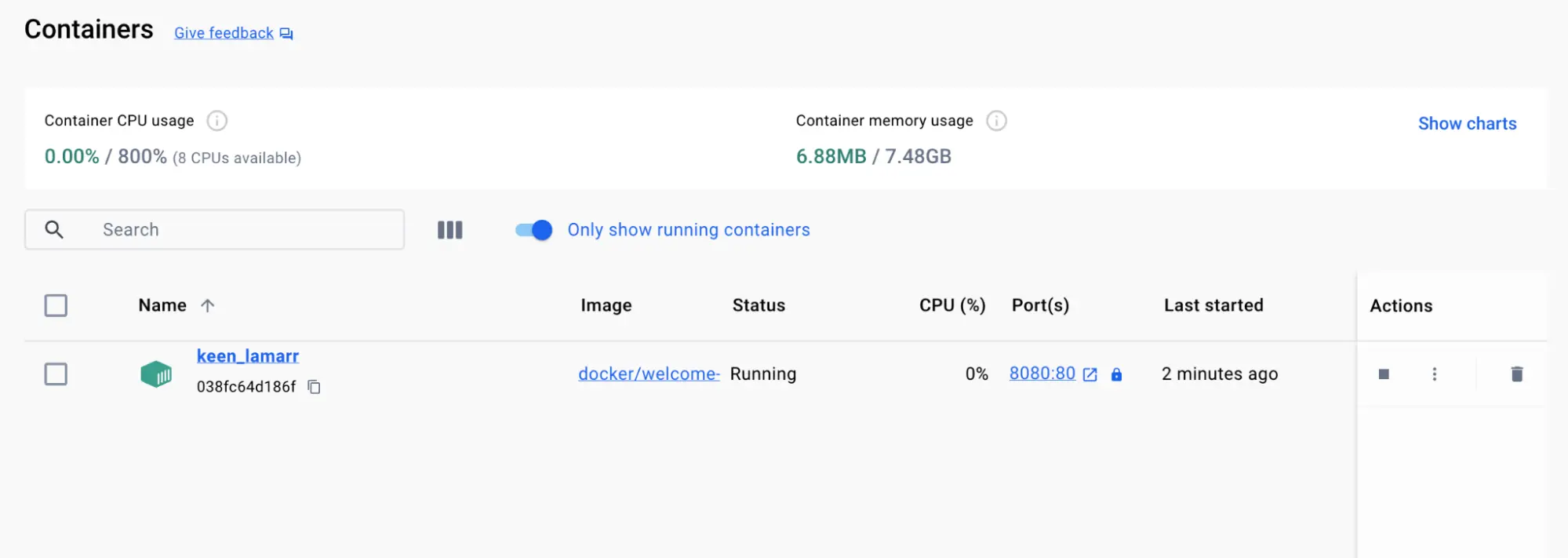 Docker桌面GUI的容器视图的屏幕截图，显示在主机端口8080上运行的welcome-to-docker容器