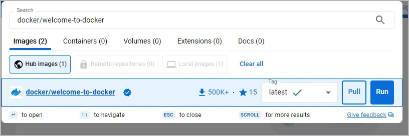 在 Docker Desktop 中搜索 welcome-to-docker 镜像