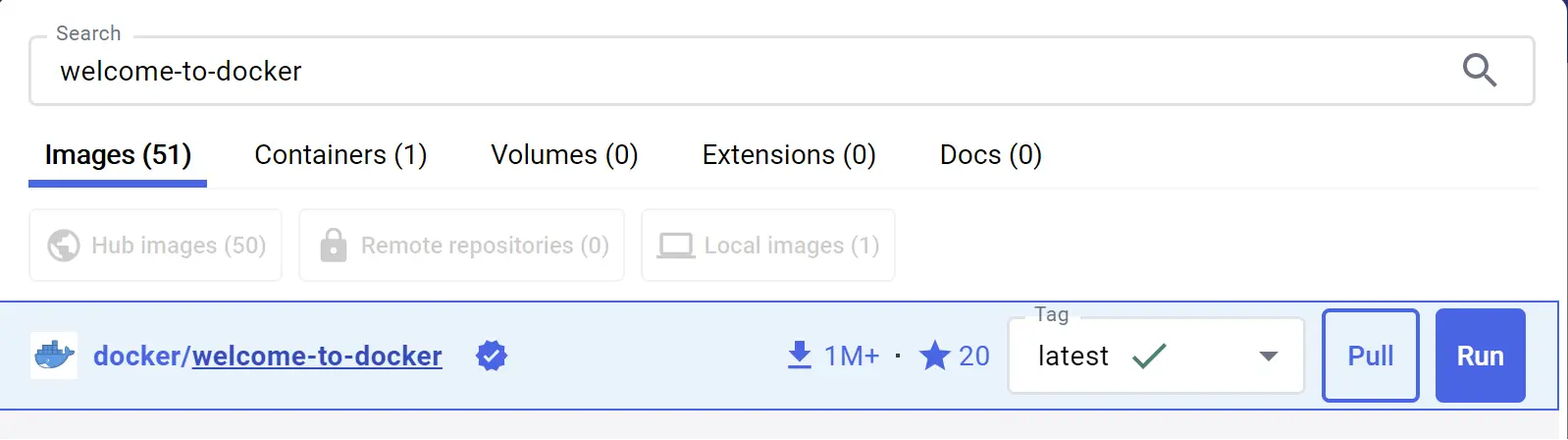 Docker仪表板的屏幕截图，显示docker/welcome-to-docker镜像的搜索结果