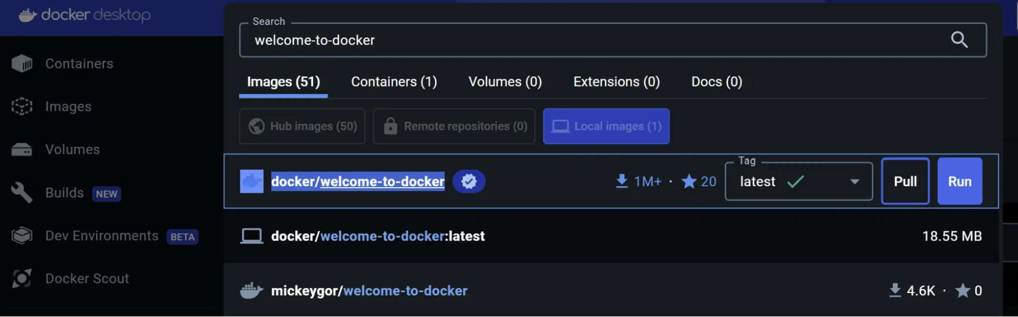 Docker仪表板的屏幕截图，显示搜索结果为welcome-to-docker Docker镜像